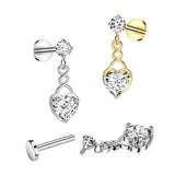 Prong Set CZ & Heart CZ Dangle Labret Ear Cartilage Tragus