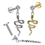 Prong Set CZ Top With Snake Dangle Labret Ear Cartilage Tragus