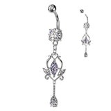 3 Round CZ With Floral Marquise CZ Dangle Belly Button Navel Rings