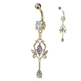 3 Round CZ With Floral Marquise CZ Dangle Belly Button Navel Rings