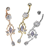 3 Round CZ With Floral Marquise CZ Dangle Belly Button Navel Rings