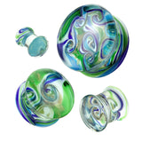 Pair Blue Green Swirl Double Flare Ear Plugs