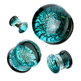 Pair Blue Crackle Double Flare Glass Ear Plugs