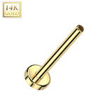 14K Solid Gold Threadless Push In Labret, Flat Back Stud Pins