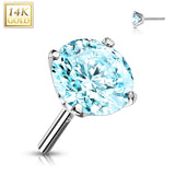 14K Solid Gold CZ Prong Threadless Push In Top Replacement For Labret Tragus