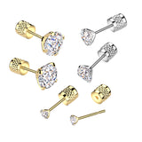 Pair Prong Set CZ & Cylinder Clip Backing Earrings Ear Cartilage Tragus