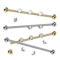 Internally Threaded Titanium Industrial Barbell with 3 CZ Or Opal Set