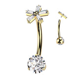 Titanium Prong Set CZ 5 Baguette CZ Flower Top Navel Belly Button Ring