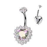 Titanium Belly Button Ring CZ Heart & CNC CZ Pave Edge