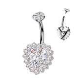 Titanium Belly Button Ring CZ Heart & CNC CZ Pave Edge