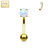 14K Solid Gold Prong Set Opal Stone Curve Barbell Eyebrow Ring