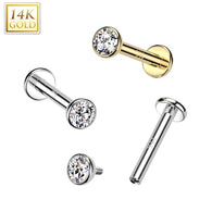 14K Solid Gold Internally Threaded Tragus Labret Stud CZ Bezel Ball