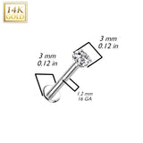 14K Solid Gold Internally Threaded Labret Stud Prong set CZ Top Tragus