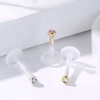 14K Solid Gold CZ Top PTFE Flex Shaft Labret Monroe Cartilage