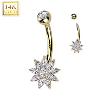 14K Solid Gold CZ Flower Navel Belly Button Ring