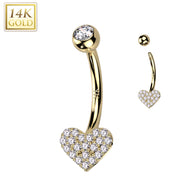 14K Solid Gold Heart CZ Pave Navel Belly Button Ring