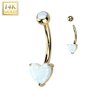 14K Solid Gold Opal Heart Belly Button Navel Ring