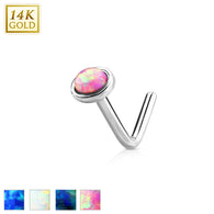 14K Solid White Gold Dome Opal Bezel L Bend Nose Stud Ring