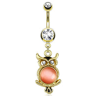 Cat's Eye Gemmed Owl Dangle 14kt Gold Plated Navel Belly Button Ring