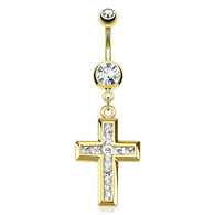 Cross Multi CZ Dangle 14kt Gold Plated Navel Belly Button Ring