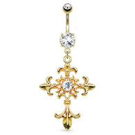 Fleur de Lis Cross Dangle 14kt Gold Plated Navel Belly Button Ring