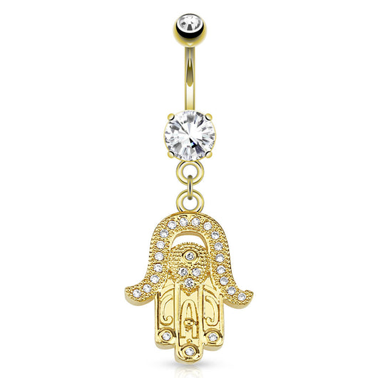 Hamsa CZ Paved Dangle 14kt Gold Plated Navel Belly Button Rings