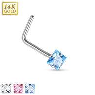 Prong Set Square CZ 14K White Solid Gold L Bend Nose Stud Ring