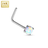 Prong Set Opal 14K White Solid Gold L Bend Nose Stud Ring