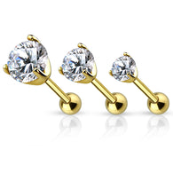 Prong Set CZ 14Kt. Gold IP Ear Cartilage Tragus Triple Helix Barbell Studs