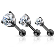 3 Size Prong Set CZ Black Titanium Ear Cartilage Tragus Triple Helix Barbell Studs