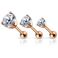 Prong Set CZ Rose Gold Ear Cartilage Tragus Triple Helix Barbell Studs 3 Size