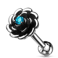 Antique Silver Flower With Aqua CZ Ear Cartilage Tragus Helix Barbells Stud