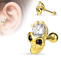 Skull CZ Gold Plated Surgical Steel Cartilage Tragus Barbell