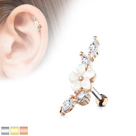 Mother of Pearl Flower Vine CZ Top Ear Cartilage Daith Helix Tragus Barbell Stud