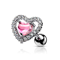 Pink CZ Heart Shaped Ear Cartilage Helix Tragus Barbell Stud