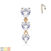 Three Heart CZ Vertical Drop Belly Button Navel Rings