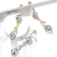 CZ Leafs With Large Round CZ Dangle Navel Belly Button Ring