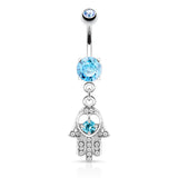 Hamsa With CZ and Gem Dangle Surgical Steel Navel Belly Button Ring