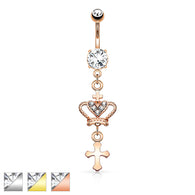 Heart CZ Crown with Cross Dangle Navel Belly Button Ring