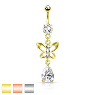 Clear CZ Paved Butterfly and Tear Drop Cut CZ Navel Belly Button Ring