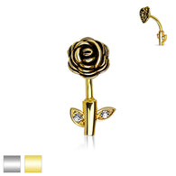 Gold CZ Rose Stem 316L Surgical Steel  Surgical Steel Navel Belly Button Ring