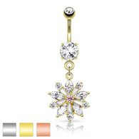 Flower w/ Prong Set CZ Shard Petals Dangle Navel Belly Button Ring