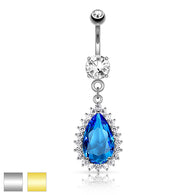 Blue Tear Drop CZ Dangle Navel Belly Button Ring