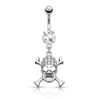 CZ Skull Cross Bones Dangle Surgical Steel Belly Button Navel Rings