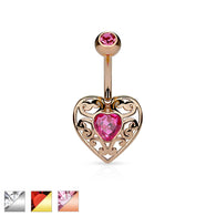 Vintage Filigree Heart CZ Surgical Steel Belly Button Navel Rings