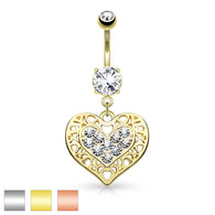 Tribal Heart Filigree CZ Dangle Belly Button Navel Rings