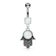 Opal Glitter Set Hamsa Dangle Surgical Steel Belly Button Navel Rings