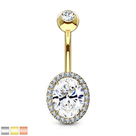 CZ Around Oval Prong Set CZ Center Double Tired Navel Belly Button Ring