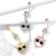 Paved Owl CZ With Black CZ Eye Dangle Navel Belly Button Ring