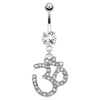 Om Symbol Paved Gem Dangle 316L Surgical Steel Navel Belly Button Ring